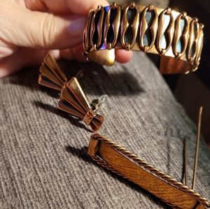 Renoir Copper Cuff Trio. Bracelet, Earrings, and Barette